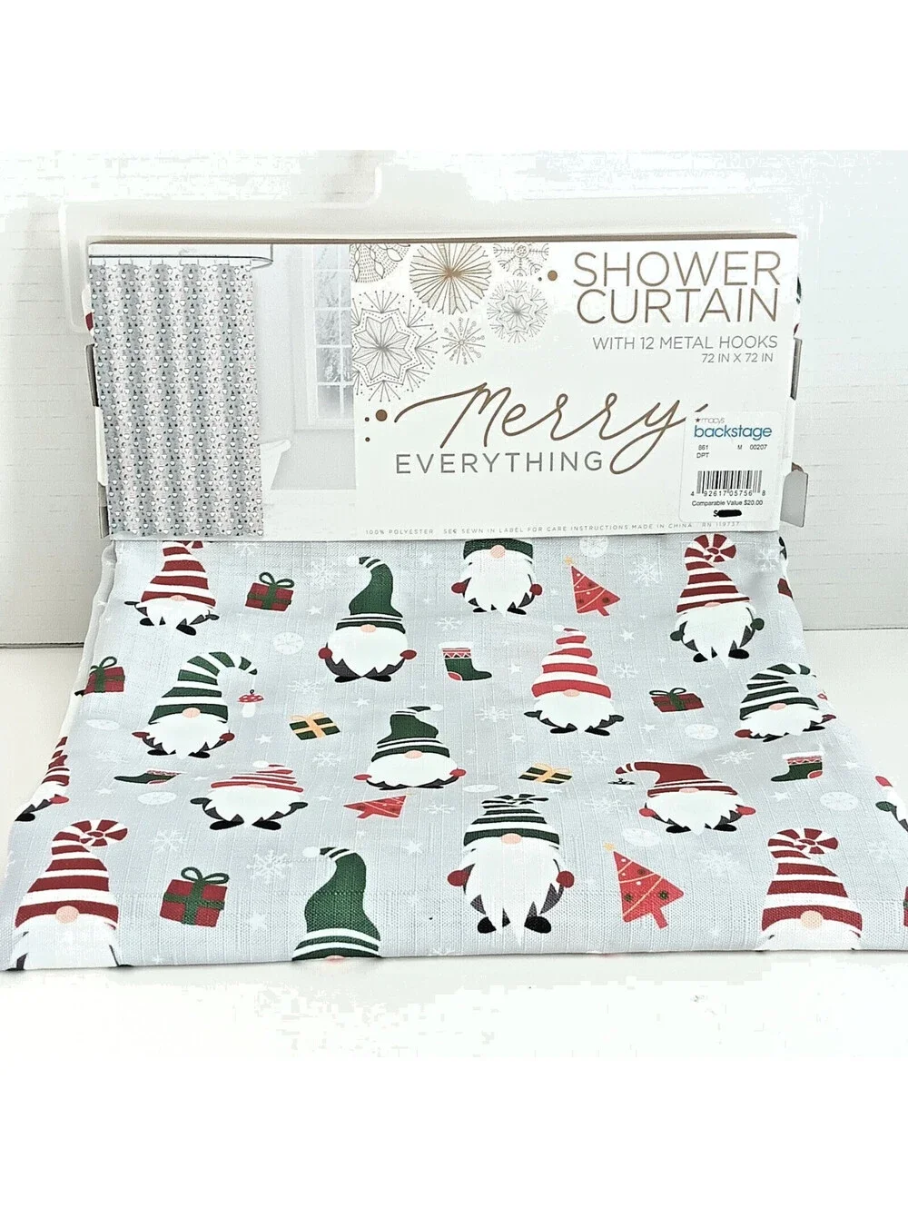 NEW Merry Everything Gnome Shower Curtain w/hooks Grey Red Green 72x72 Holiday